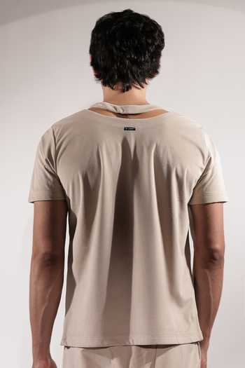 Shop_Jubinav Chadha_Beige Suede Floral Embroidered T-shirt _at_Aza_Fashions