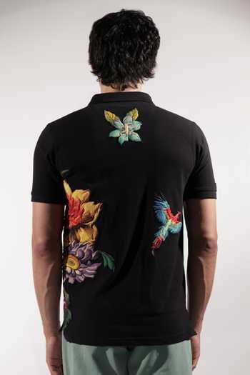 Shop_Jubinav Chadha_Black Cotton Bird And Floral Patchwork T-shirt _at_Aza_Fashions