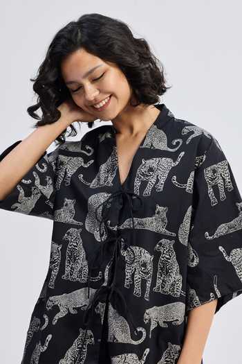 Reistor_Black Cotton V-neck Animal Print Jacket _Online