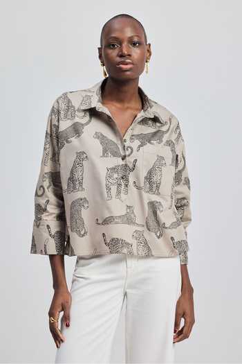 Buy_Reistor_Grey Cotton Collared Animal Print Cropped Shirt _at_Aza_Fashions