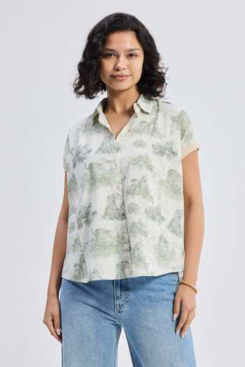 Buy_Reistor_Grey Cotton V-neck, Collared Animal Print Shirt _at_Aza_Fashions