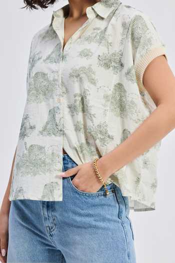 Reistor_Grey Cotton V-neck, Collared Animal Print Shirt _Online