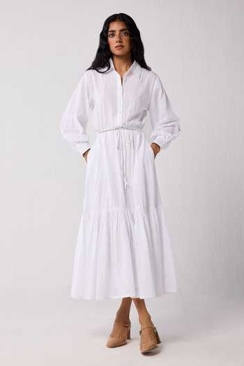 Buy_Reistor_White Cotton Collared Embroidered Tiered Dress _at_Aza_Fashions