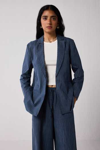 Buy_Reistor_Blue Cotton, Spandex Notched Neck The Weekday Stripe Pattern Blazer _at_Aza_Fashions