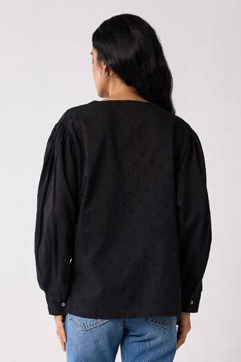 Shop_Reistor_Black Cotton V-neck Embroidered Shirt _at_Aza_Fashions