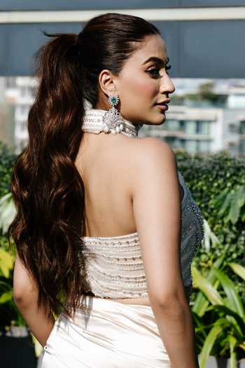 Shop_Richa Jaisinghani Label_Gold Satin, Net, Twill Halter Neck, High Beaded Embellished Blouse And Skirt Set _at_Aza_Fashions