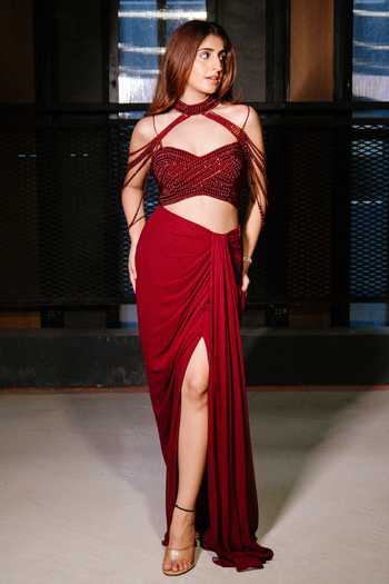 Shop_Richa Jaisinghani Label_Burgundy Georgette, Net Sweetheart Neck Ember Embellished Blouse And Skirt Set _at_Aza_Fashions