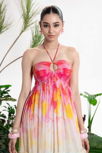 Siddhartha Bansal_Multi Color Crepe, Muslin Bandeau Neck, Halter Neck, Cheri Ombre Maxi Dress _Online_at_Aza_Fashions