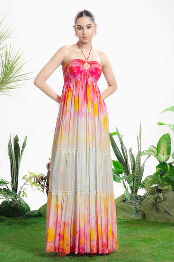 Buy_Siddhartha Bansal_Multi Color Crepe, Muslin Bandeau Neck, Halter Neck, Cheri Ombre Maxi Dress _at_Aza_Fashions