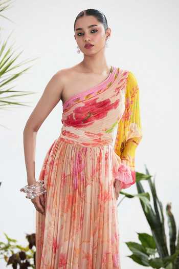 Buy_Siddhartha Bansal_Pink Chiffon One Shoulder Beauty Belle Dress _Online_at_Aza_Fashions