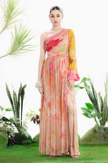 Buy_Siddhartha Bansal_Pink Chiffon One Shoulder Beauty Belle Dress _at_Aza_Fashions