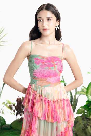 Siddhartha Bansal_Multi Color Chiffon Square Neck Oasis Print Ruffle Dress _Online_at_Aza_Fashions