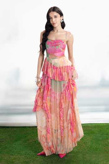 Buy_Siddhartha Bansal_Multi Color Chiffon Square Neck Oasis Print Ruffle Dress _at_Aza_Fashions