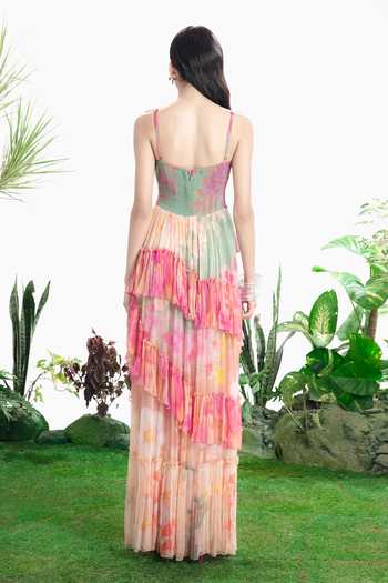 Shop_Siddhartha Bansal_Multi Color Chiffon Square Neck Oasis Print Ruffle Dress _at_Aza_Fashions