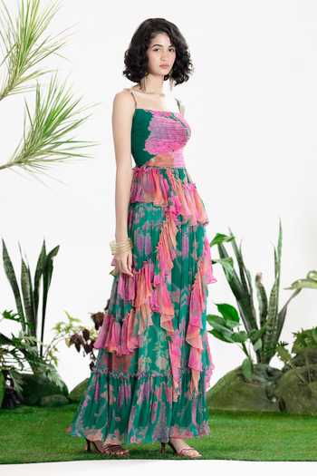 Buy_Siddhartha Bansal_Multi Color Chiffon Square Neck Rain Ruffle Dress _Online_at_Aza_Fashions