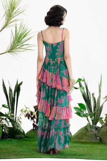 Shop_Siddhartha Bansal_Multi Color Chiffon Square Neck Rain Ruffle Dress _at_Aza_Fashions