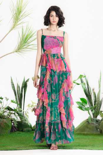 Buy_Siddhartha Bansal_Multi Color Chiffon Square Neck Rain Ruffle Dress _at_Aza_Fashions