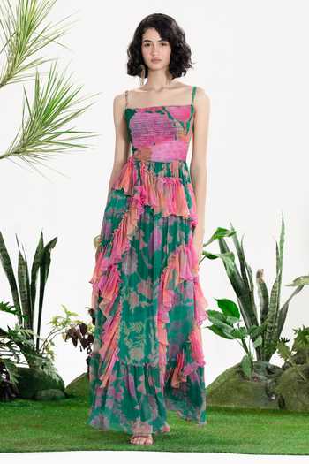 Shop_Siddhartha Bansal_Multi Color Chiffon Square Neck Rain Ruffle Dress _Online_at_Aza_Fashions