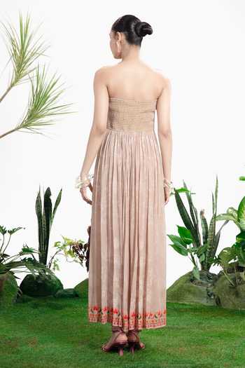 Shop_Siddhartha Bansal_Peach Crepe Bandeau Neck Cherry Pie Maxi Dress _at_Aza_Fashions