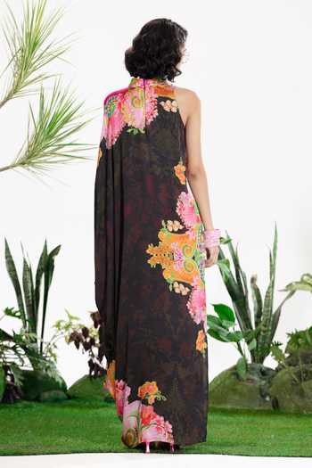 Shop_Siddhartha Bansal_Black Bemberg, Satin Collared Swan Kaftan Dress _at_Aza_Fashions