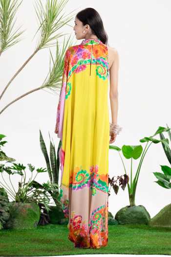 Shop_Siddhartha Bansal_Yellow Satin, Bemberg Collared, High Neck Sabrina Kaftan Dress _at_Aza_Fashions