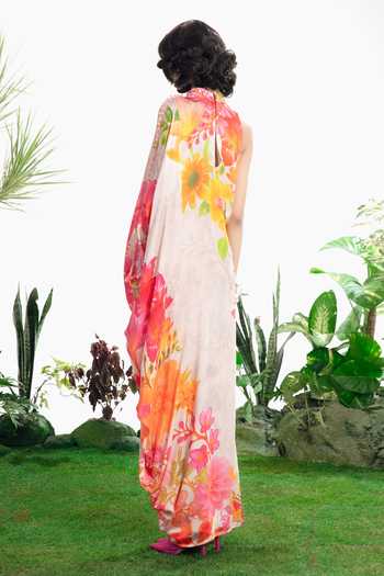 Shop_Siddhartha Bansal_Multi Color Satin, Bemberg Collared, High Neck Paradise Kaftan Dress _at_Aza_Fashions