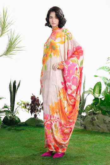 Shop_Siddhartha Bansal_Multi Color Satin, Bemberg Collared, High Neck Paradise Kaftan Dress _Online_at_Aza_Fashions