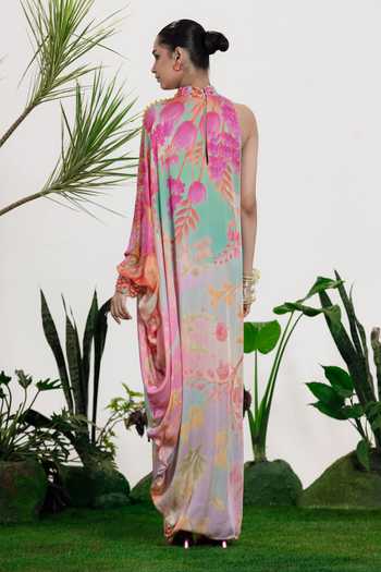 Shop_Siddhartha Bansal_Multi Color Satin, Bemberg High Neck, One Shoulder Baby Bloom Kaftan Dress _at_Aza_Fashions