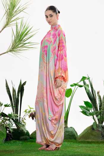 Buy_Siddhartha Bansal_Multi Color Satin, Bemberg High Neck, One Shoulder Baby Bloom Kaftan Dress _Online_at_Aza_Fashions