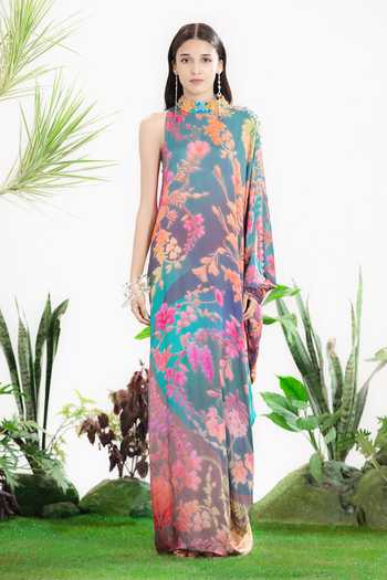 Buy_Siddhartha Bansal_Blue Satin, Bemberg Collared Midnight Dance Kaftan Dress _at_Aza_Fashions
