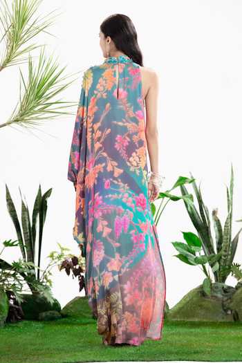 Shop_Siddhartha Bansal_Blue Satin, Bemberg Collared Midnight Dance Kaftan Dress _at_Aza_Fashions