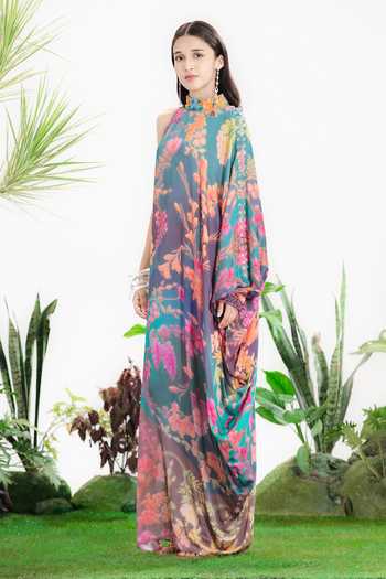 Siddhartha Bansal_Blue Satin, Bemberg Collared Midnight Dance Kaftan Dress _Online_at_Aza_Fashions