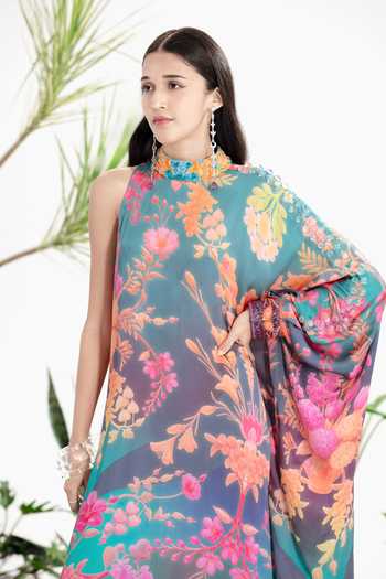 Shop_Siddhartha Bansal_Blue Satin, Bemberg Collared Midnight Dance Kaftan Dress _Online_at_Aza_Fashions