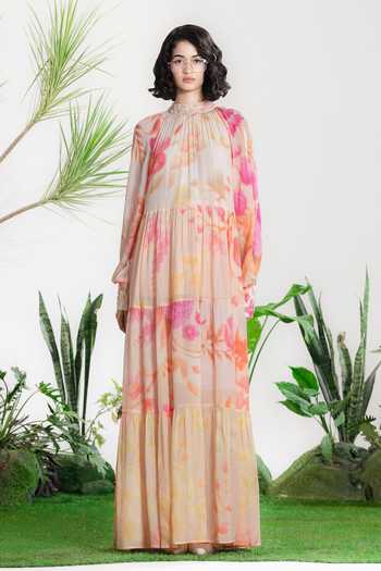 Buy_Siddhartha Bansal_Multi Color Crepe High Neck Wind Of Change Tier Dress _at_Aza_Fashions