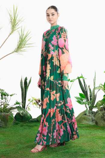 Shop_Siddhartha Bansal_Multi Color Crepe High Neck Modern Love Tier Dress _Online_at_Aza_Fashions
