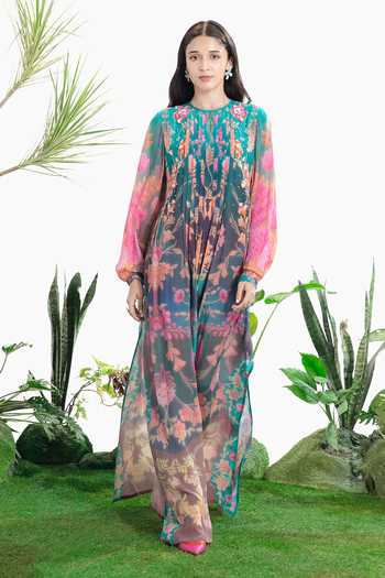 Buy_Siddhartha Bansal_Multi Color Crepe Round Neck Dreamscape Night Dress _at_Aza_Fashions
