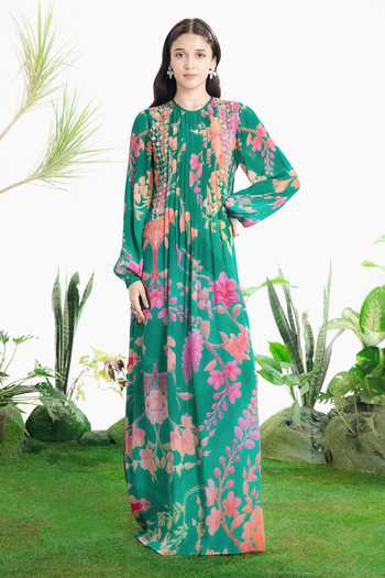 Buy_Siddhartha Bansal_Multi Color Crepe Round Neck Rio Pintuck Kaftan Dress _at_Aza_Fashions