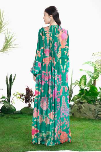 Shop_Siddhartha Bansal_Multi Color Crepe Round Neck Rio Pintuck Kaftan Dress _at_Aza_Fashions