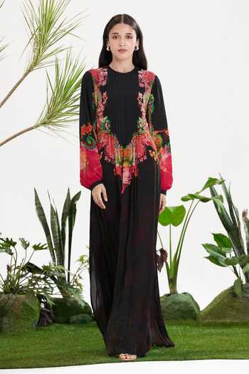 Buy_Siddhartha Bansal_Black Crepe Round Neck Stardust Pintuck Kaftan Dress _at_Aza_Fashions