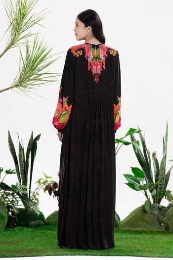 Shop_Siddhartha Bansal_Black Crepe Round Neck Stardust Pintuck Kaftan Dress _at_Aza_Fashions