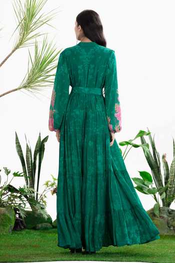 Shop_Siddhartha Bansal_Green Crepe Mandarin Collar Stereo Love Tier Dress _at_Aza_Fashions