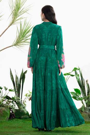 Shop_Siddhartha Bansal_Green Organza Mandarin Collar Floral Pattern Jacket _at_Aza_Fashions