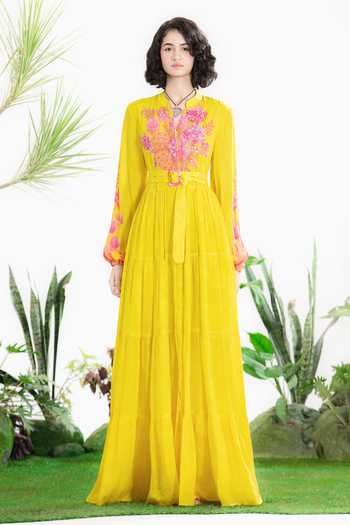 Buy_Siddhartha Bansal_Yellow Crepe Mandarin Collar Eternal Love Tier Dress _at_Aza_Fashions