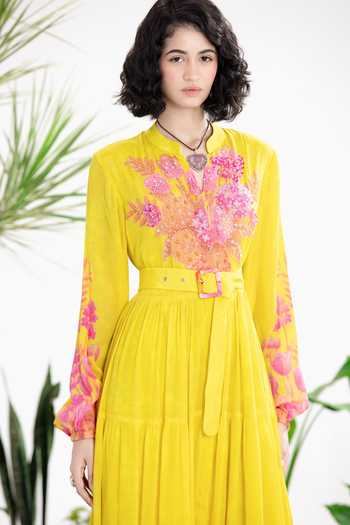 Siddhartha Bansal_Yellow Crepe Mandarin Collar Eternal Love Tier Dress _Online_at_Aza_Fashions