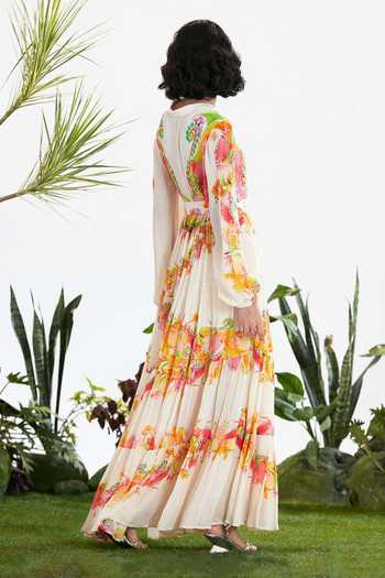 Siddhartha Bansal_Multi Color Crepe Split V-neck Endless Love Tier Dress _Online_at_Aza_Fashions