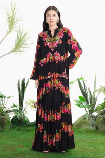 Buy_Siddhartha Bansal_Black Crepe Split V-neck Fun Nights Tier Dress _at_Aza_Fashions