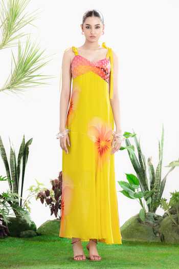 Siddhartha Bansal_Yellow Crepe Sweetheart Neck Sally Day Dress _Online_at_Aza_Fashions