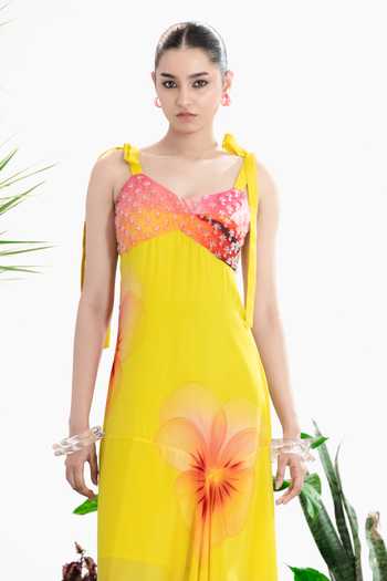 Shop_Siddhartha Bansal_Yellow Crepe Sweetheart Neck Sally Day Dress _Online_at_Aza_Fashions