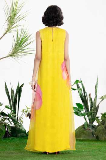 Shop_Siddhartha Bansal_Yellow Organza, Crepe High Neck Walking On Sunshine Dress _at_Aza_Fashions
