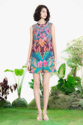Buy_Siddhartha Bansal_Multi Color Cotton, Crepe Round Neck Midnight In Paris Shift Dress _at_Aza_Fashions
